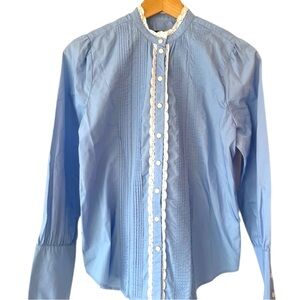 J Crew Lace Trim Button Up Blouse Womens 4 Blue White Pintuck Ruffle Preppy Top